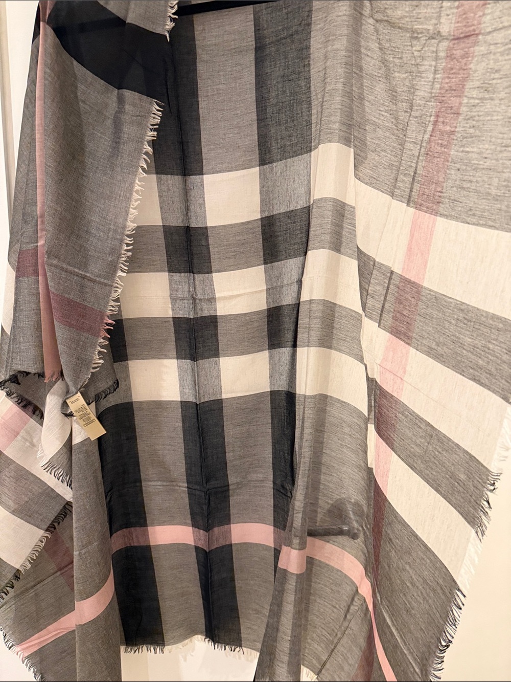 NWOT. Burberry Black Gray Check Modal Wool Square Scarf - Picture 6 of 13